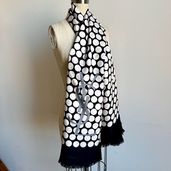 Vintage 70s 80s YVES SAINT LAURENT Black & White Dots Oversized Silk Scarf - Picture 1 of 8
